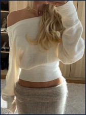 Solid Off-Shoulder Sweater Loose Slash Neck Long Sleeve Knitted