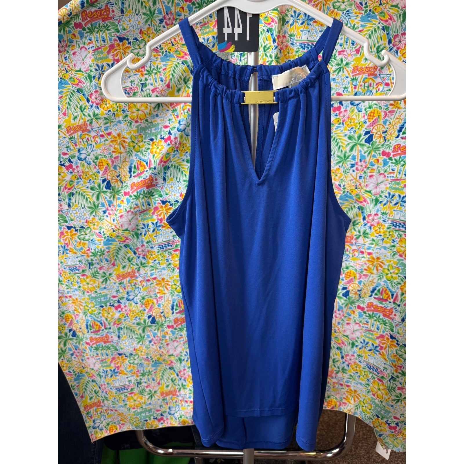 144 MK Michael Kors Royal Blue Halter Neck Blouse Gold Hardware Small