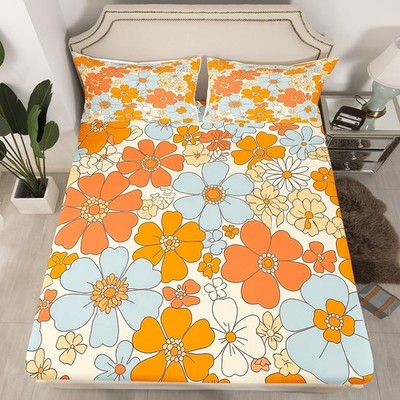 70s 60s Floral Hippie Full Fitted Sheet,Summer Groovy Flowers,Soft Decorative...