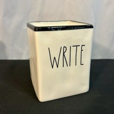 Rae Dunn  WRITE  Ceramic Pencil Holder, Black Edge, 4 3/8  Tall x 3 1/2  Wide