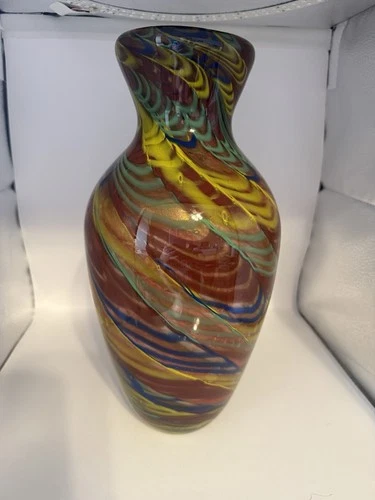 Authentic Vintage Murano 13" Italy Hand-blown Multicolor Art Swirl Vase tag EXC
