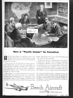 BEECHCRAFT AIRCRAFT 1947 BEECH MODEL-18 PSYCHIC INCOME FOR EXECUTIVES AD