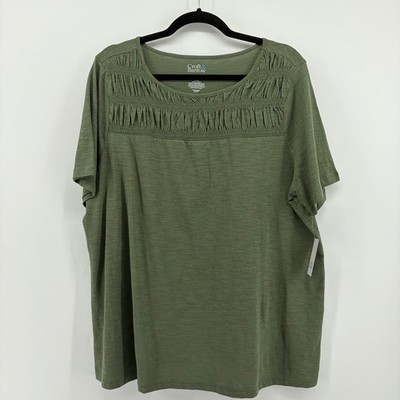 Croft & Barrow Womens Plus 0X Olive Green Smocked Crew Neck Slub Cotton Tee NEW
