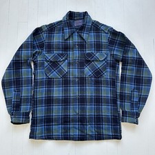 Pendleton 1960s Wool Board Shirt Mens S Blue Plaid Loop Collar USA Made Vintage