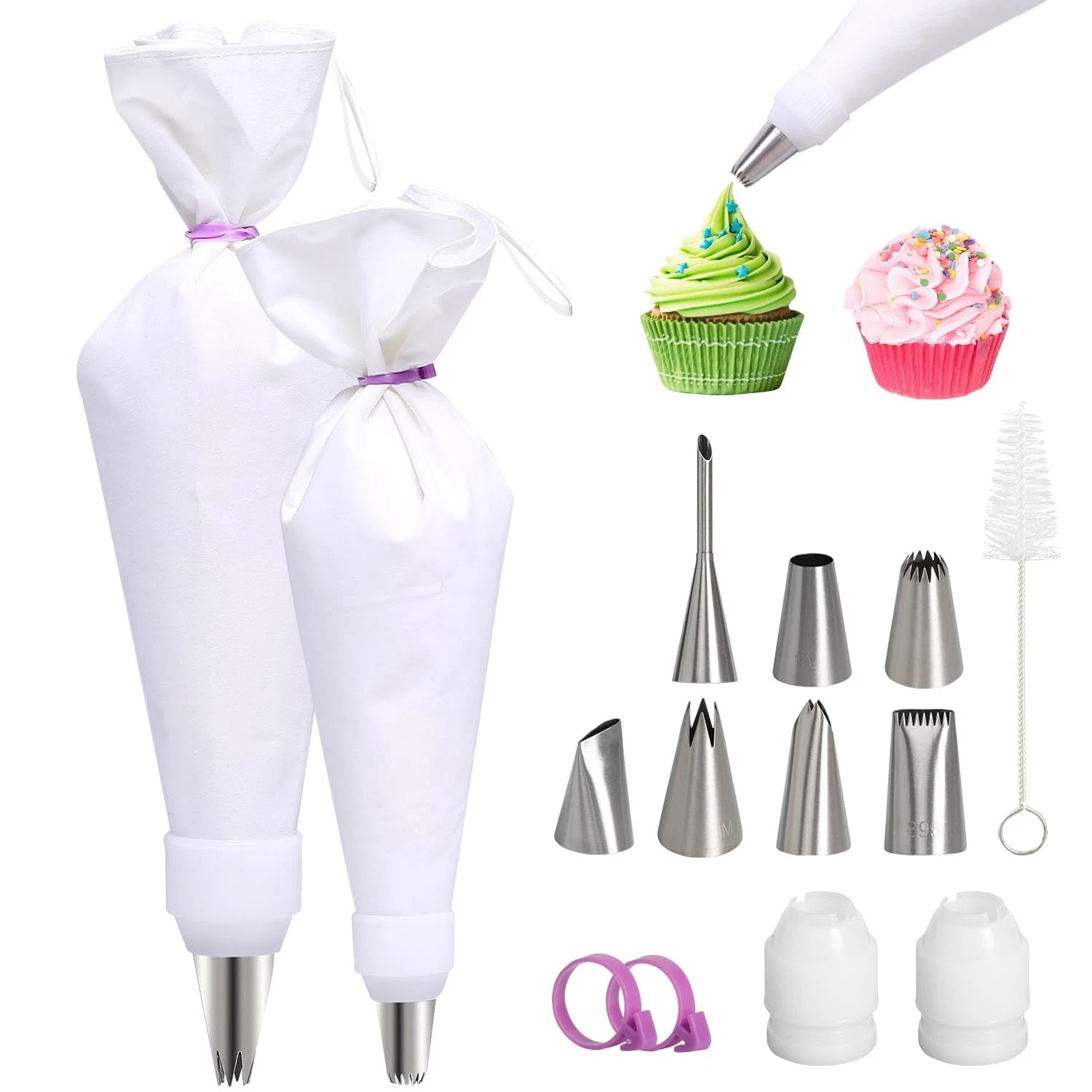 Piping Bags and Tips Set Reusable Cotton with Silicone Rings Standard Converters