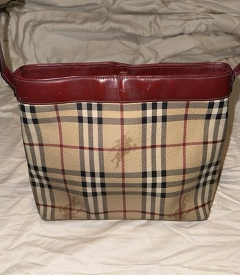 Vintage BURBERRY Haymarket Check Shoulder Bag Burgundy/Red coated canvas w/COA