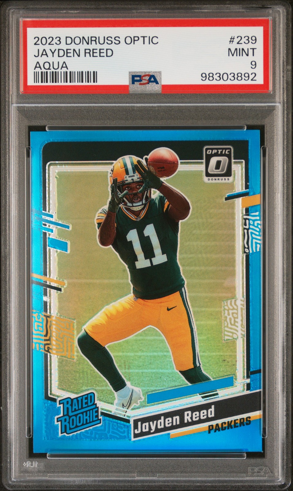 2023 Donruss Optic Aqua Prizm #239 /299 Jayden Reed RC PSA MINT 9 (Topps KB58)