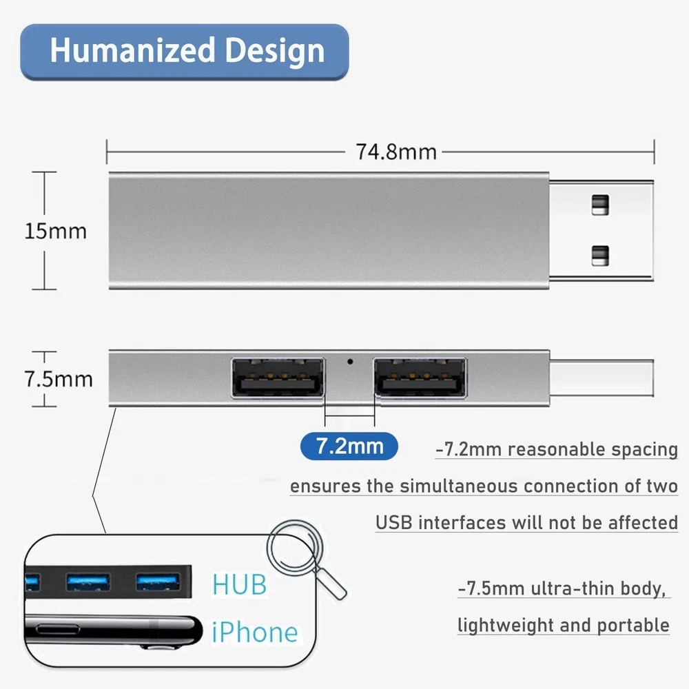 USB 3.0 Aluminum 3-Port Hub for Laptop Expansion