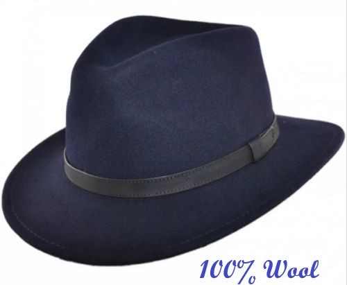 ✅CRUSHABLE FELT FEDORA HAT 100% FELT WOOL ELEGANT HAT (Navy) - Picture 1 of 2