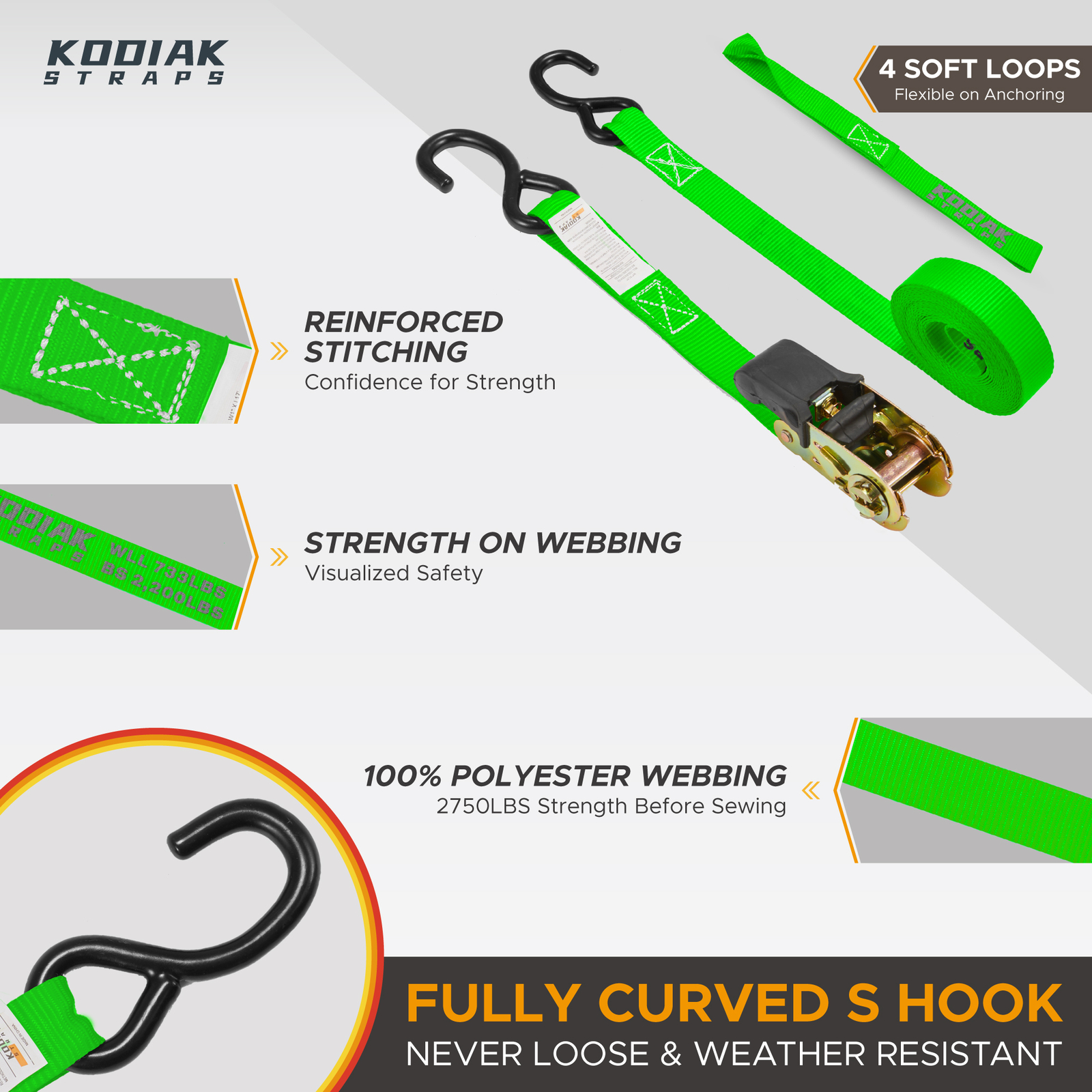 4-Pack Ratchet Tie Down Straps 1in x 17ft Green- 2200lbs MBS - KODIAK STRAPS