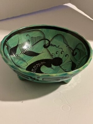 Ceramic Bowl Cactus Dancing Characters Bowl Hand Painted 7   Teal