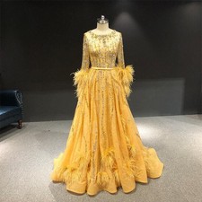 Real Pictures Evening Dresses Fashion Zuhair Murad Gold Crystal with Feather