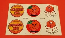 6 Vintage 1980s  Scratch-N-Sniff Stickers *ORANGE* SQUEEZE ME; JUICED; Rare; 