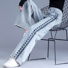 Lady Wide Leg Denim Pants Embroidery Jeans High Waist Trousers Straight Pants