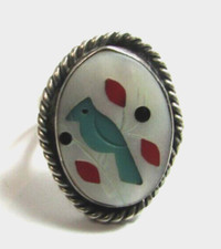 Vintage Zuni Unmarked Sterling Silver Inlay Bird MOP Turquoise Ring Sz 5