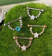 PAIR CZ Gem Star Center Dangle Nipple Ring Shields Pierced Body Piercing Jewelry