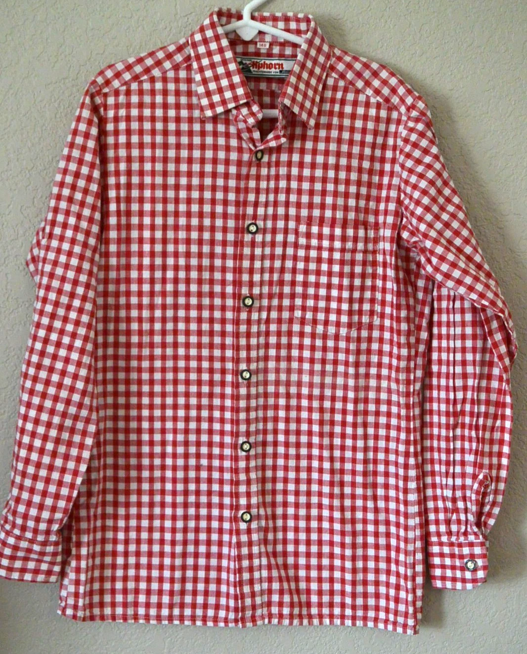 VTG Alphorn Adler Boys Trachten Shirt Red Gingham Plaid Button Up sz 140/US 10
