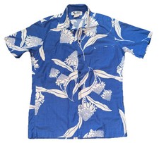 Hilo Hattie Medium Vintage USA Made Hawaiian Aloha Shirt Floral Blue White