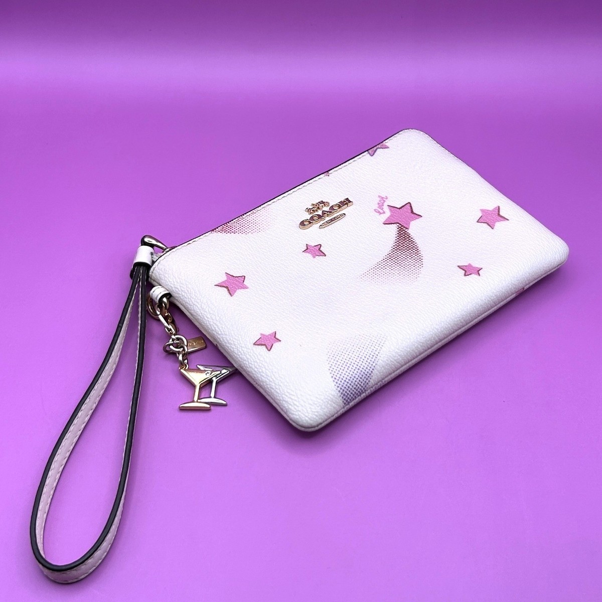 Coach Corner Zip Wristlet White Pink Shooting Star Celestial