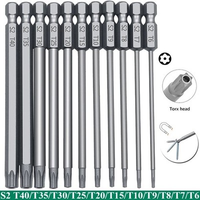11Pc Torx Security Bit Set T6-T40 Magnetic S2 Steel Screwdriver Bits 50/100mm