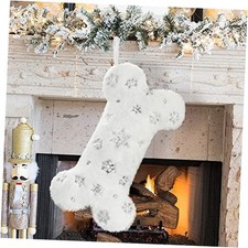 Snowy White Plush Pet Dog Christmas Stocking, Silver Snowy White/Silver Sequin
