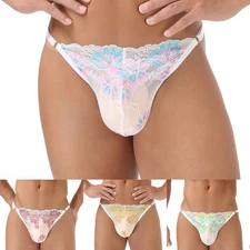 Mens Sexy Low Waist Underpants Lace T Back Thong with Adjustable Pouch Design