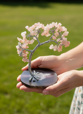 Handmade Rose Quartz Tree of Life, Crystal Healing Gemstone Bonsai, Silver Wire