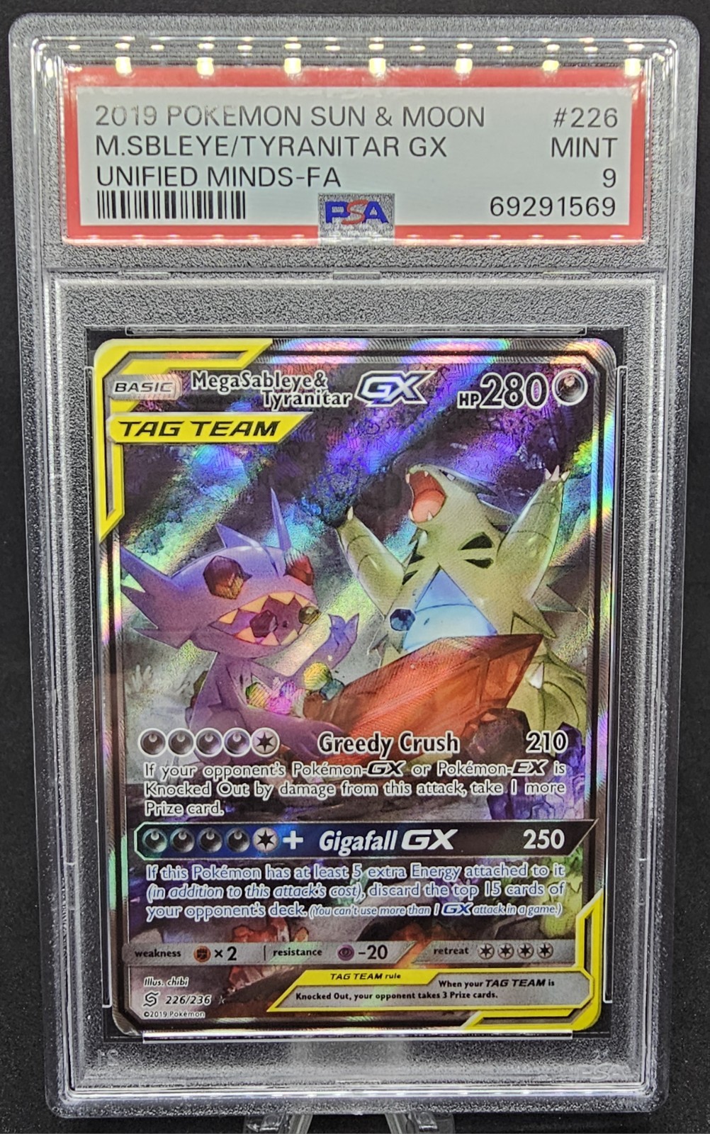2019 POKEMON UNIFIED MINDS MEGA SABLEYE & TYRANITAR GX #226 TAG TEAM FA PSA 9