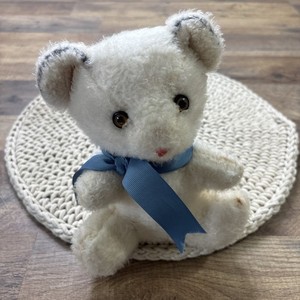 Vintage White Teddy Bear Plush Rattle Chime Blue Bow 8” Baby Plushie