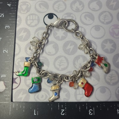 VTG Christmas Stocking Charm Bracelet Signed AJMC W/Enamel Stocking Charms &Bead
