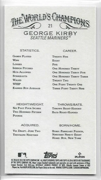2023 Topps Allen & Ginter X George Kirby #21 MINI Seattle Mariners - Image 2 of 2