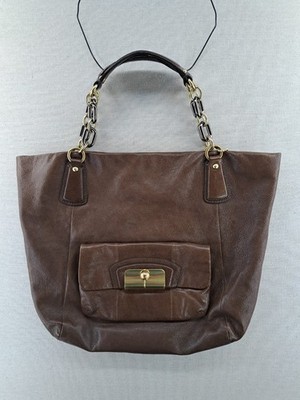 Coach Kristin XL Brown Leather Gold Link Chain Tote Bag Vintage
