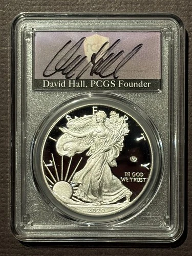 2020-W V75 PRIVY MARK $1 SILVER AMERICAN EAGLE PCGS PR70 signed DAVID HALL 10720