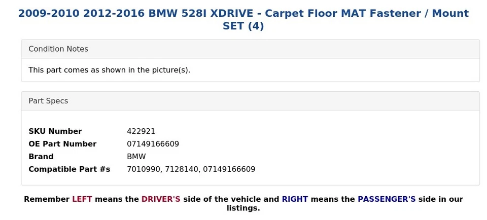 2009-2010 2012-2016 BMW 528I XDRIVE - ковер пола коврик крепеж / крепление комплект (4) - Изображение 3 из 3