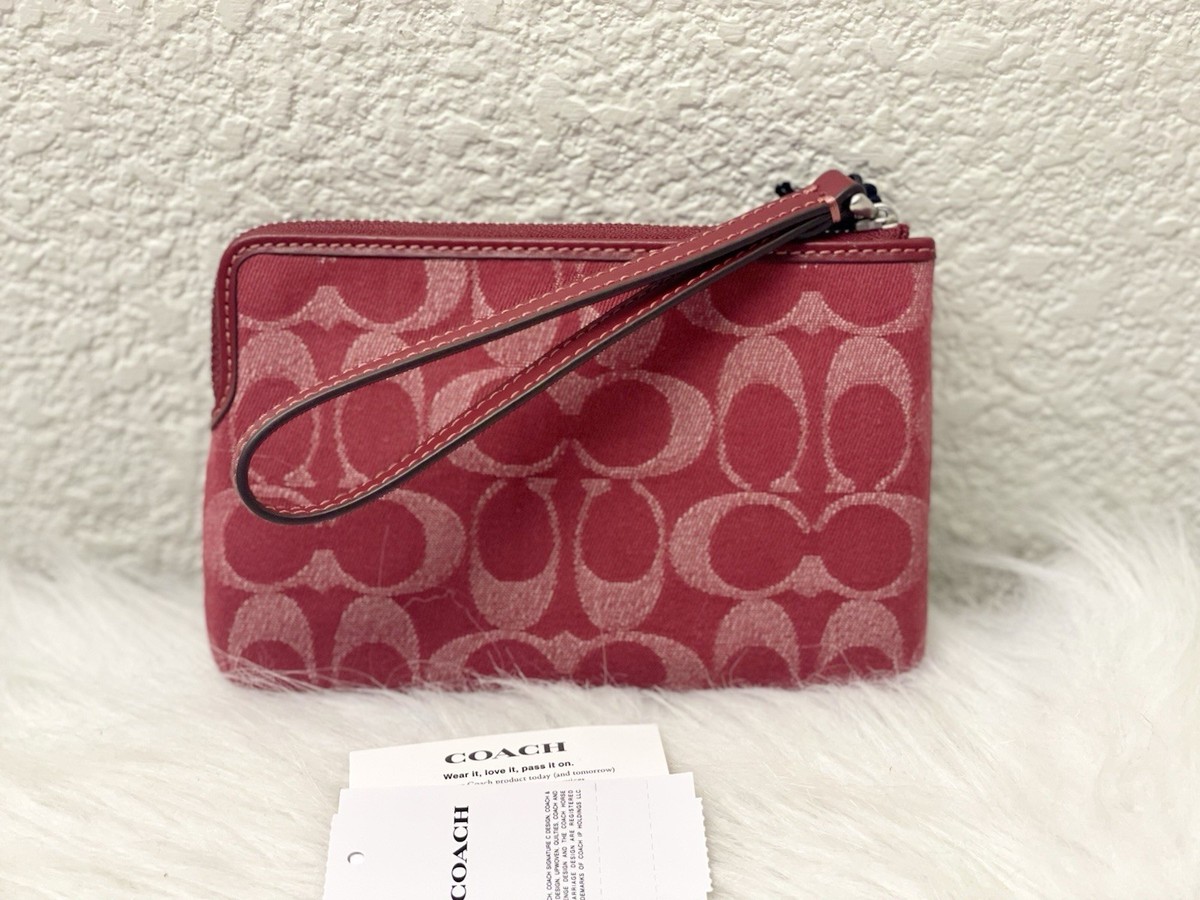 NWT Coach Corner Zip Wristlet In Signature Denim CDF27 in True Red