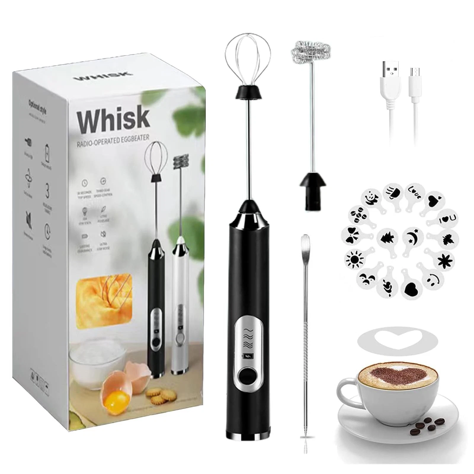 Rechargeable Milk Frother, 3-Speed Electric Handheld Frother with 2 Whisks an...
