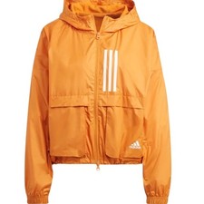 Adidas Jacket Womens Medium Orange Primeblue Windbreaker Sports Stripes Gear