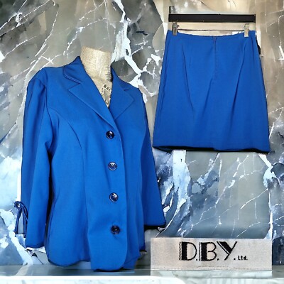 D.B.Y. 2 Piece Skirt Suit Womens 11/12 Solid Blue 4 Button Unstructured