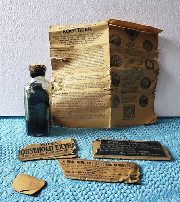 OLD HIRES HOUSEHOLD ROOT BEER EXTRACT-EMBOSSED BOTTLE W/CORK-CONTENTS-INSTR.-BOX