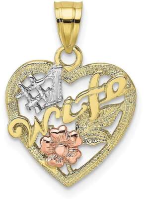 10k Gelb & Rotgold mit weißem Rhodium #1 Frau im Herzen mit Blume Anhänger