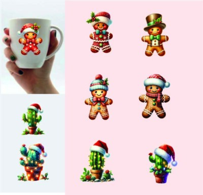 9x gemischte Weihnachtskaktus Pflanze-Gingerman-Vinyl Sticker-Decal-Tumbler-Party-Becher