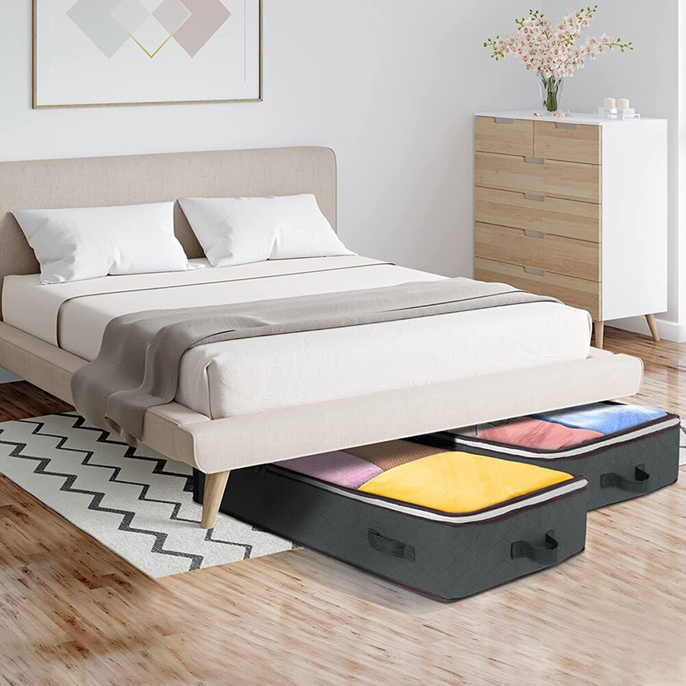 2pcs 90L Grey Under Bed Storage Bags Clothing Duvet Blankets Bedding