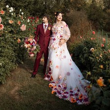Plus Size A-line Wedding Dress Color Flower Long Puff Sleeves Tulle Sweep Train