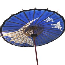 Vintage Japanese Washi Paper Umbrella Blue Bamboo Japan Wagasa Doll Handle 24" D