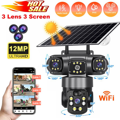 3 Lens 12MP Solar Battery Home Security Camera Outdoor Wifi Wireless PTZ CCTV US