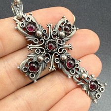 Großes Silber Granat Kreuz Antik 835er Silber verziert Gothic Anhänger punziert