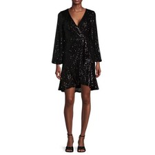 NEW Eliza J Black Sequin Ruffle Dress Size 4 Sequined Faux Wrap Fit & Flare