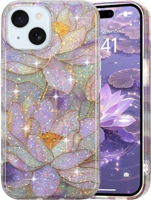 iPhone 15 Case Glitter Cute Floral Camera Cover, Sparkly Translucent Stylish Des