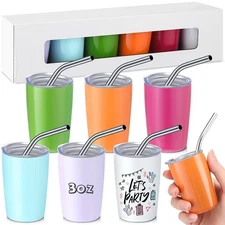 6 Pcs Mini Stainless Steel Tumbler Shot Glasses with Straw and Lid, 3oz Capac...