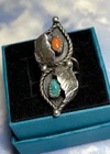 OLD PAWN Navajo signed Sterling Silver Turquoise & Coral Elongated 925 Ring 5.5